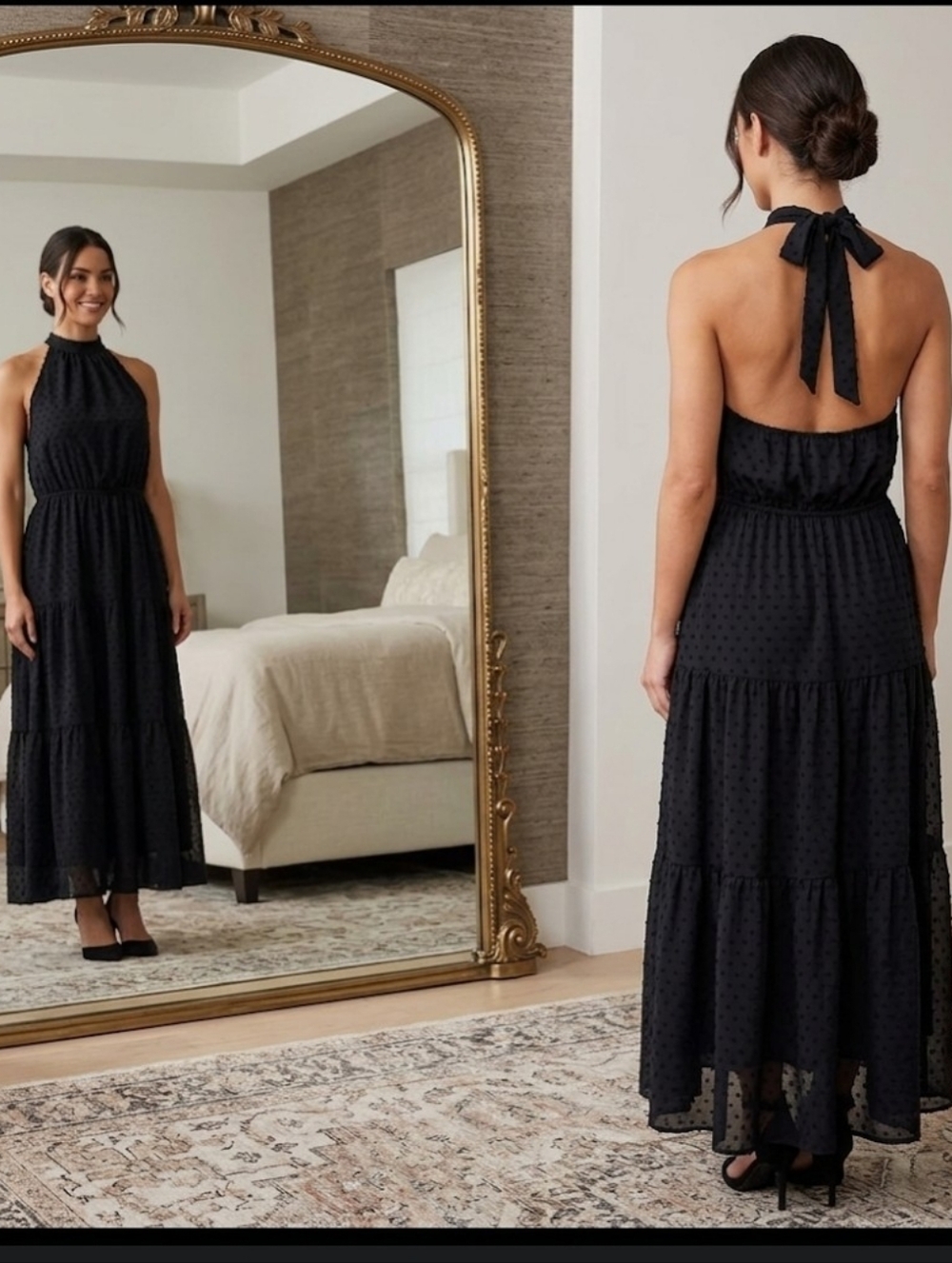 Tiered halter maxi dress XL dark navy blue dotted swiss Beachsissi